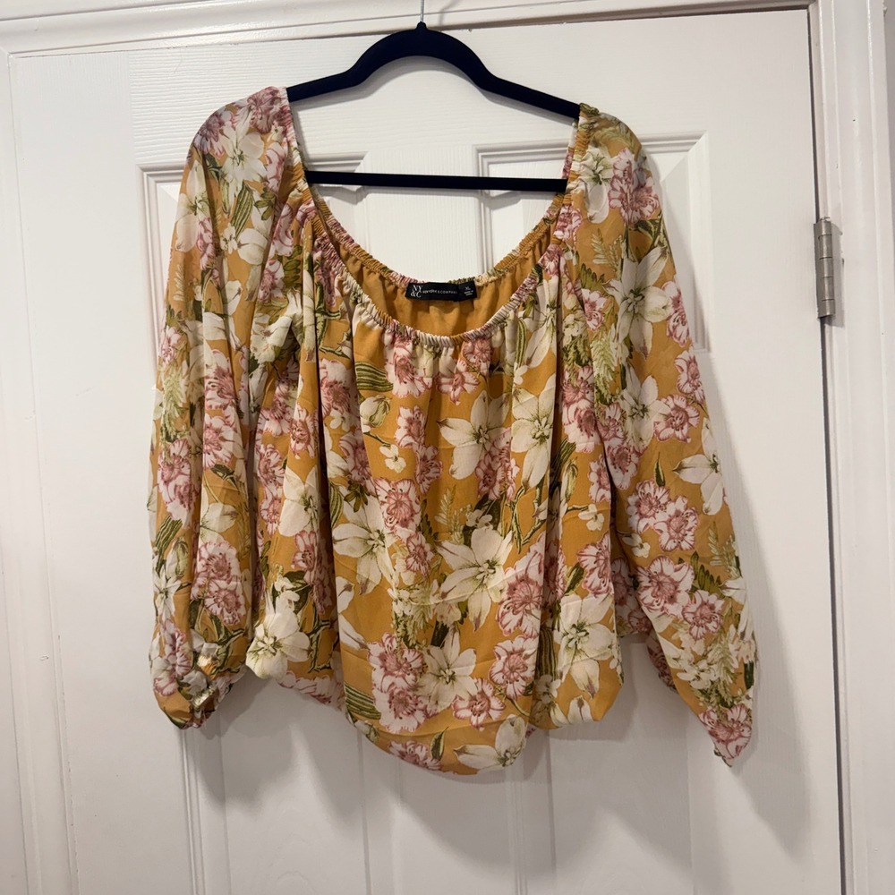 New York & Company Floral Off Shoulder Blouse Mustard Yellow XL Crop‎ Top NYC